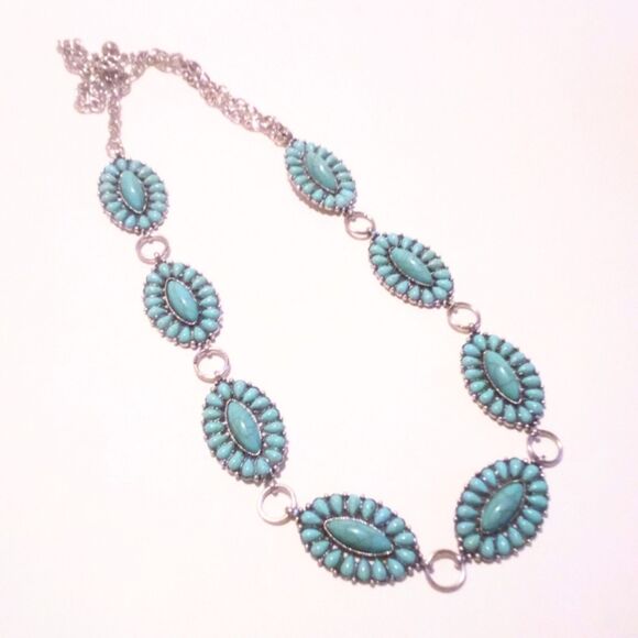 Vintage Faux Turquoise Southwestern Inspired Silver Tone Chain Belt - Picture 1 of 5